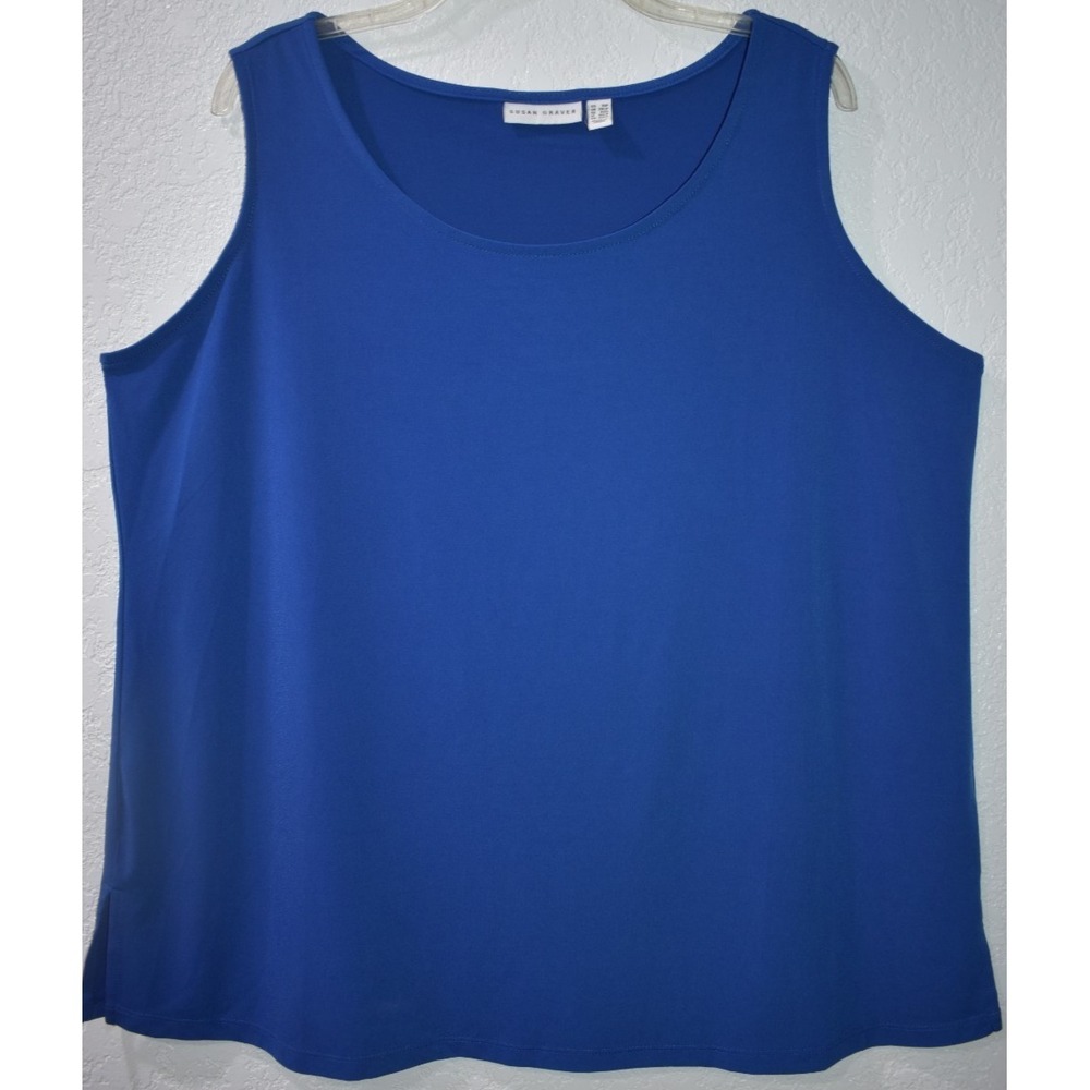 Susan‎ Graver 1X Liquid Knit Sleeveless Top Blue Pullover Scoop Neck Tank Top